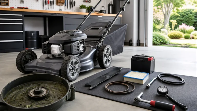 Lawn mower maintenance checklist with blade belt filter battery and tools